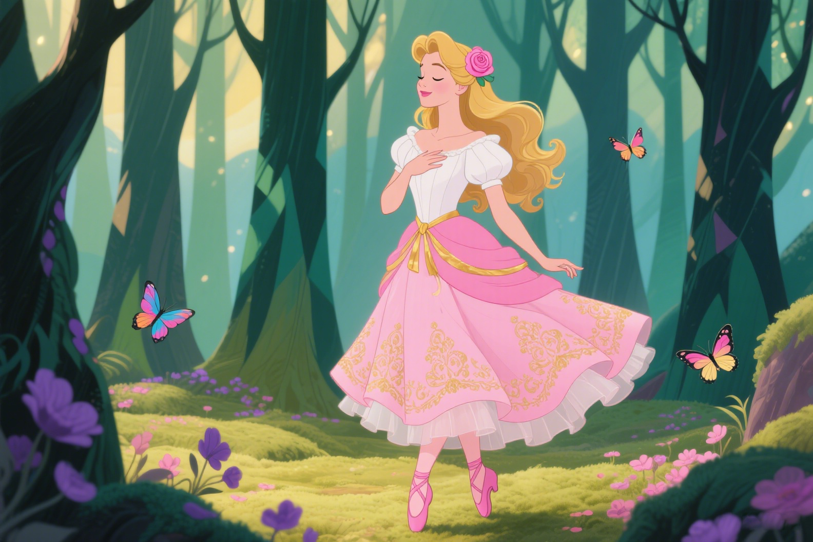 Aurora, Sleeping Beauty with long blonde hair in a pink dress